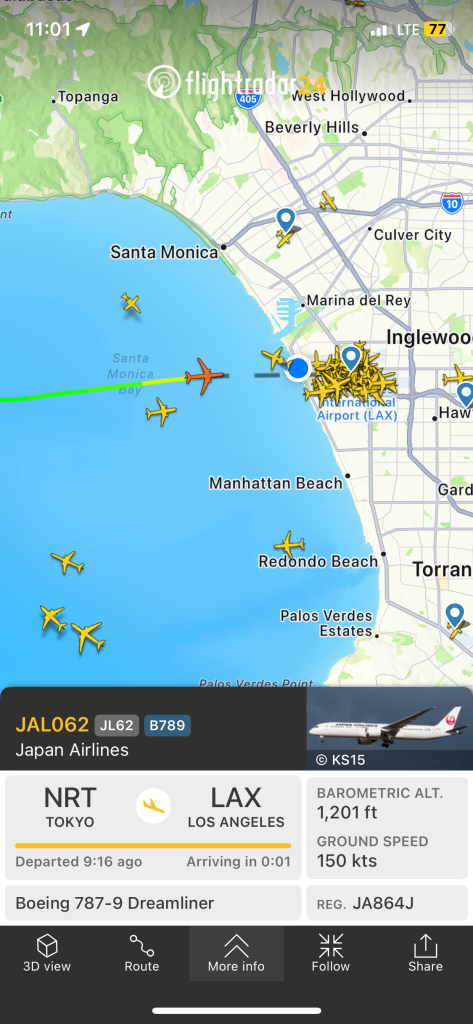 Screenshot of the FlightRadar24 app showing a Japan Airlines flight (JAL062) from Tokyo (NRT) arriving at Los Angeles International Airport (LAX). The flight is a Boeing 787-9 Dreamliner at 1,201 feet altitude and traveling at 150 knots. The map displays multiple aircraft icons over the Los Angeles area, with the selected flight approaching from over Santa Monica Bay.